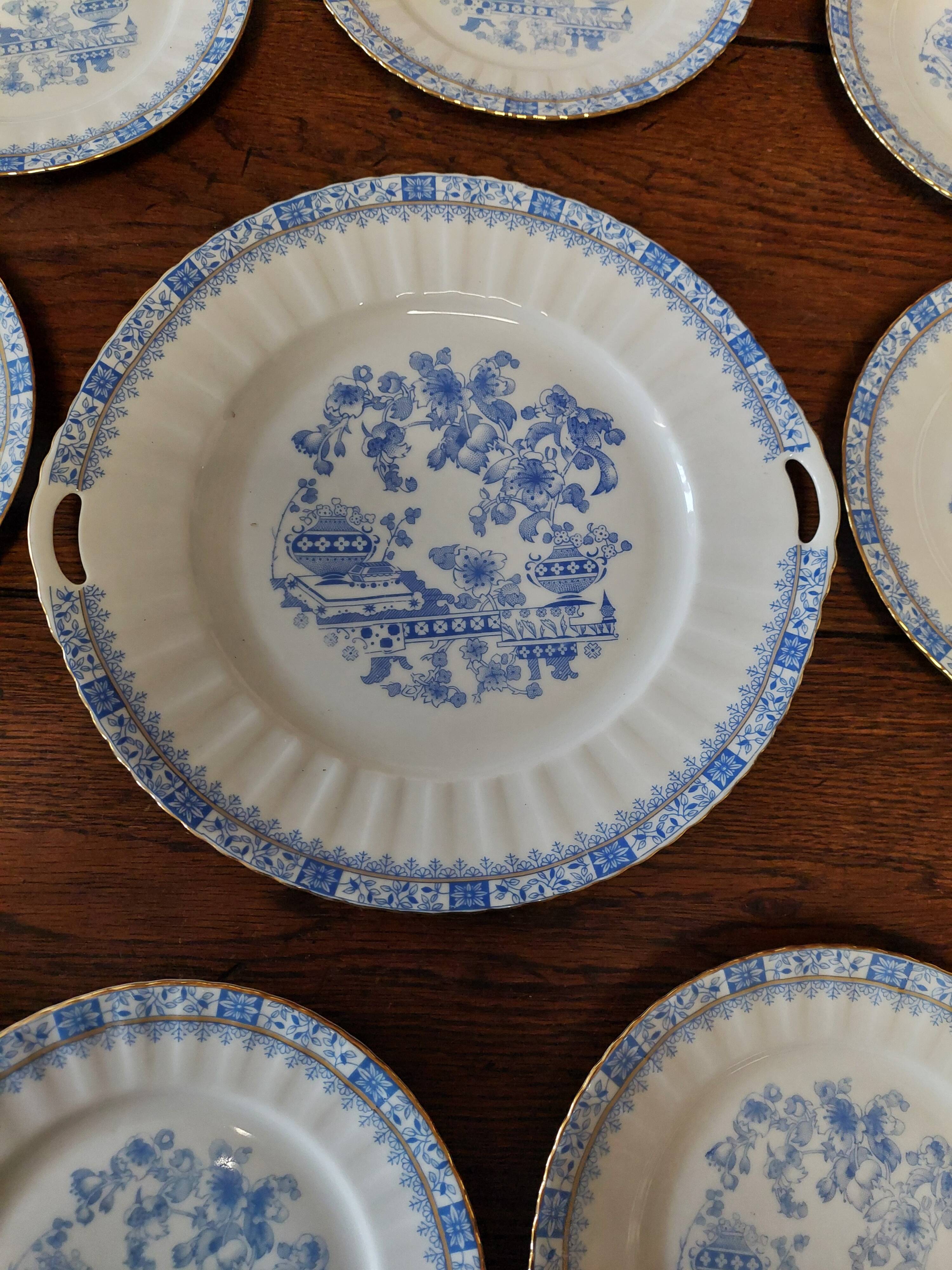 Dessert service twelve plates and round dish Bavaria China blau porcelain