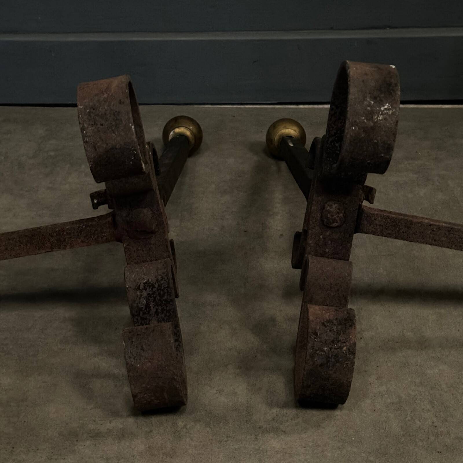 Pair of 19th century iron and brass andirons