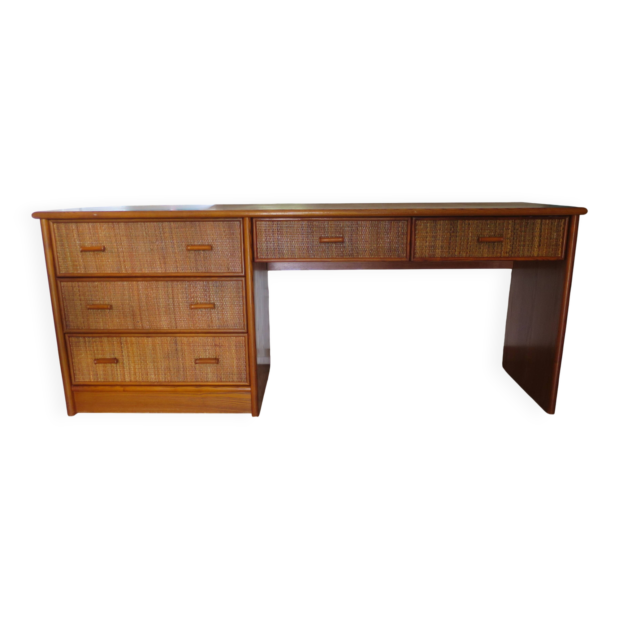 Vintage cane rattan desk with a large top and 5 drawers - 1960s/70s.