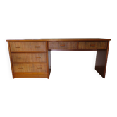 Vintage-Bureau cannage rotin  bois-grand plateau-5 tiroirs-Années 60/70