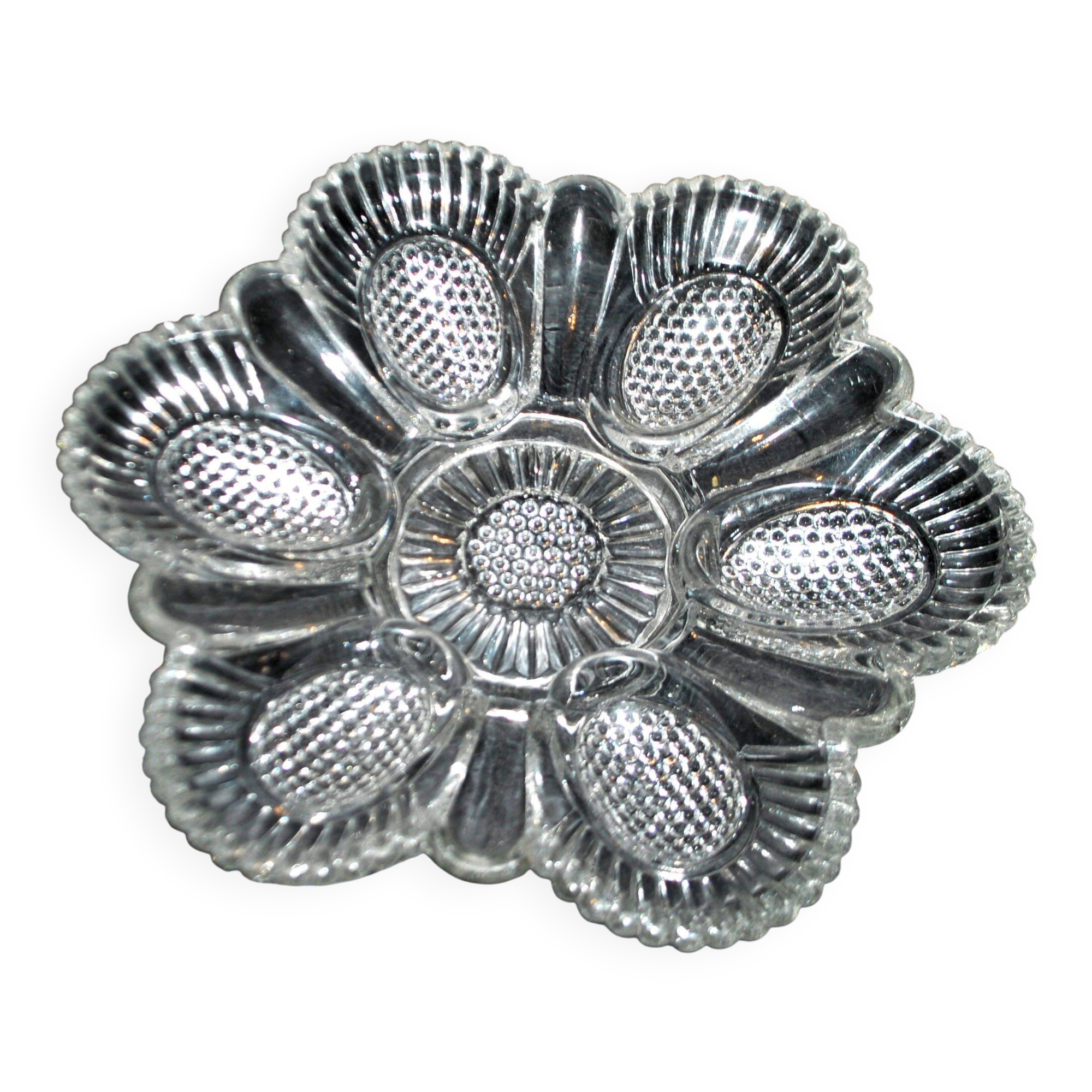 Antique molded glass egg dish – egg holder, brunch display