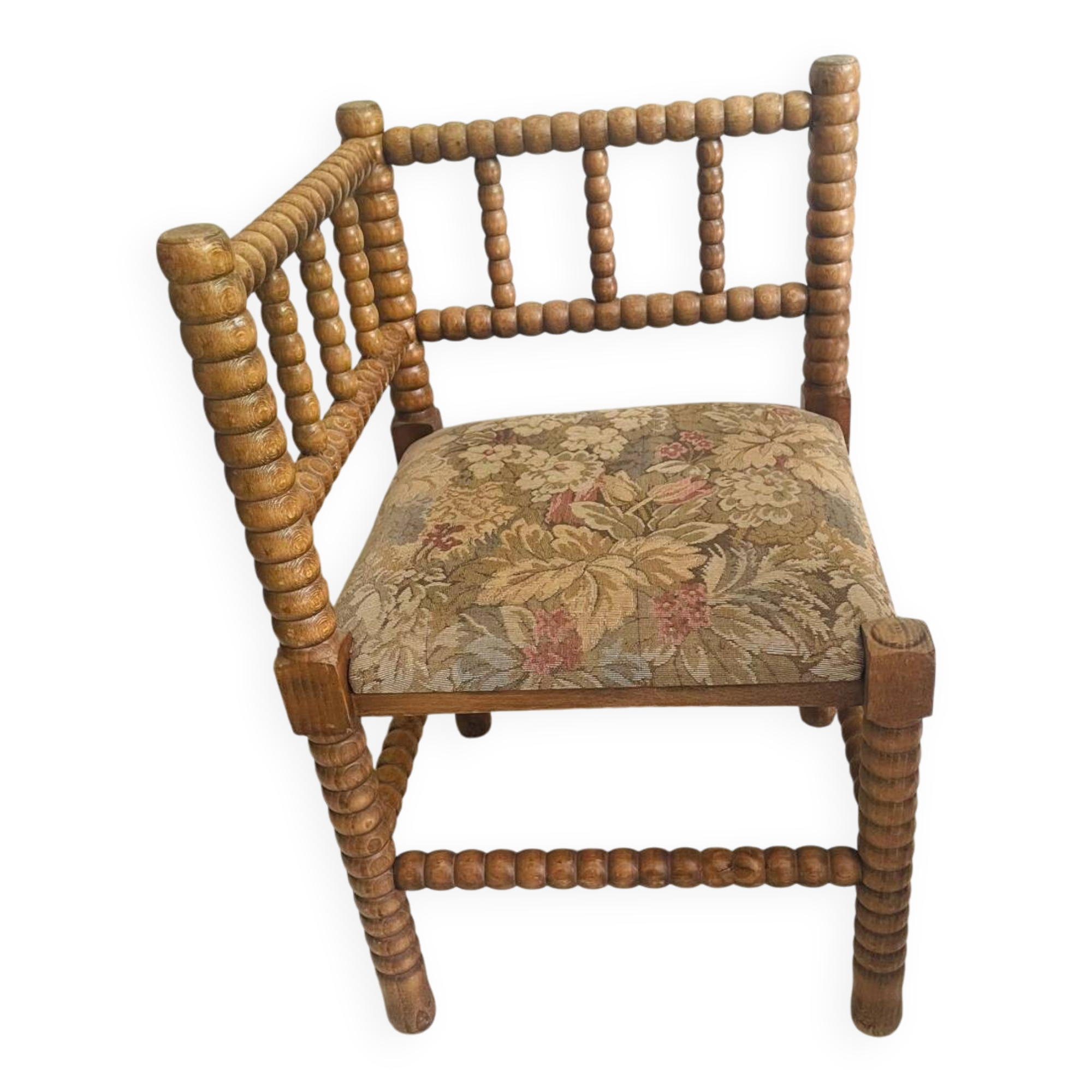 Vintage Art Deco corner chair in bobbin wood and fabric, circa 1930