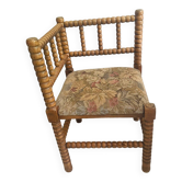 Chaise d’angle vintage Art Déco en bois bobbin et tissus, circa 1930