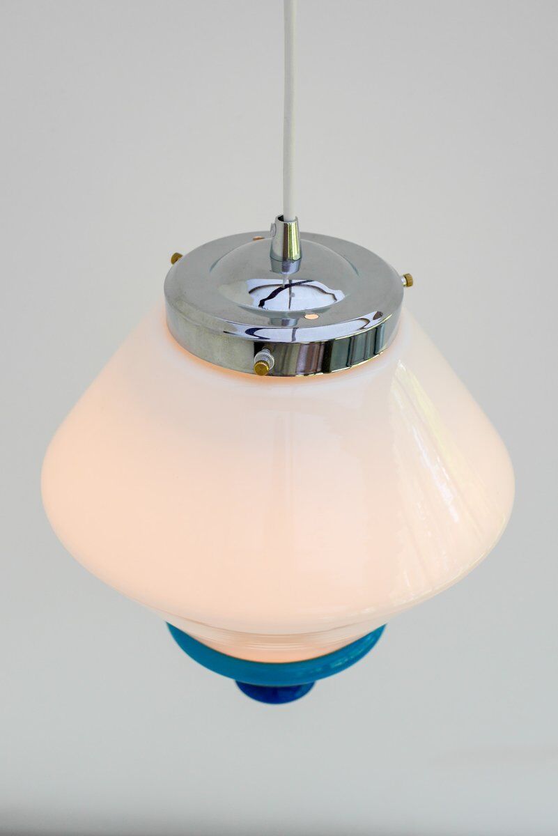 Scandinavian Art Deco milk glass pendant light with azure blue details, 1930s