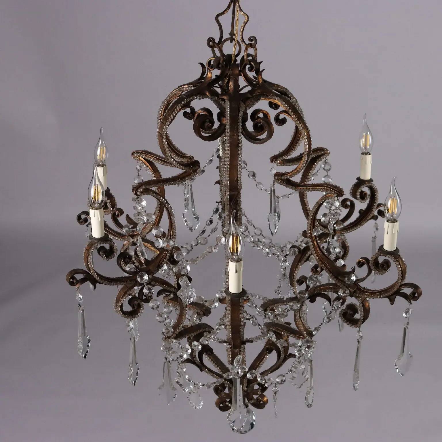 Antique 6-light wrought iron chandelier, Italy, 19th century