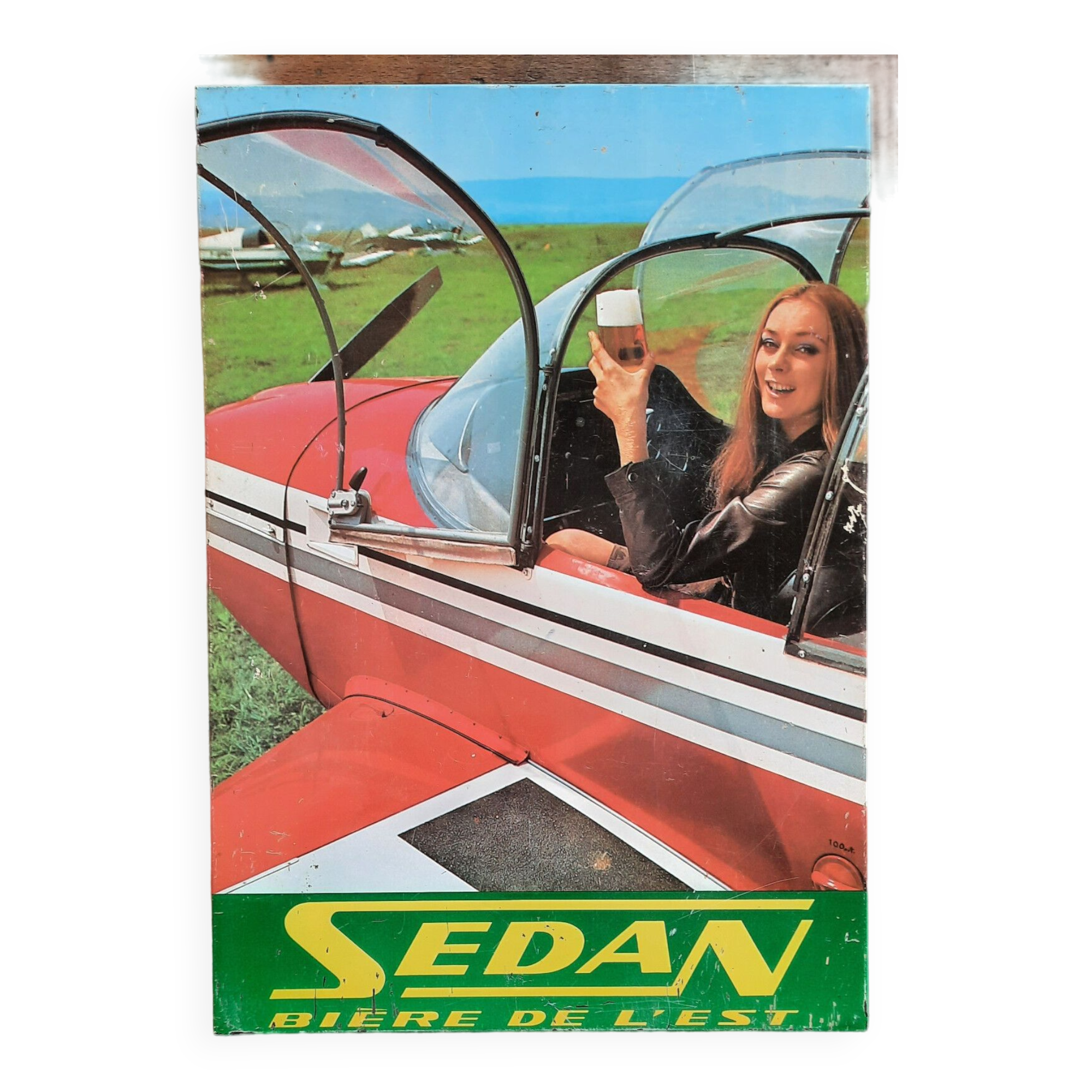 Old sheet metal plate "SEDAN Bière de l'Est" Airplane 24x34cm 60's