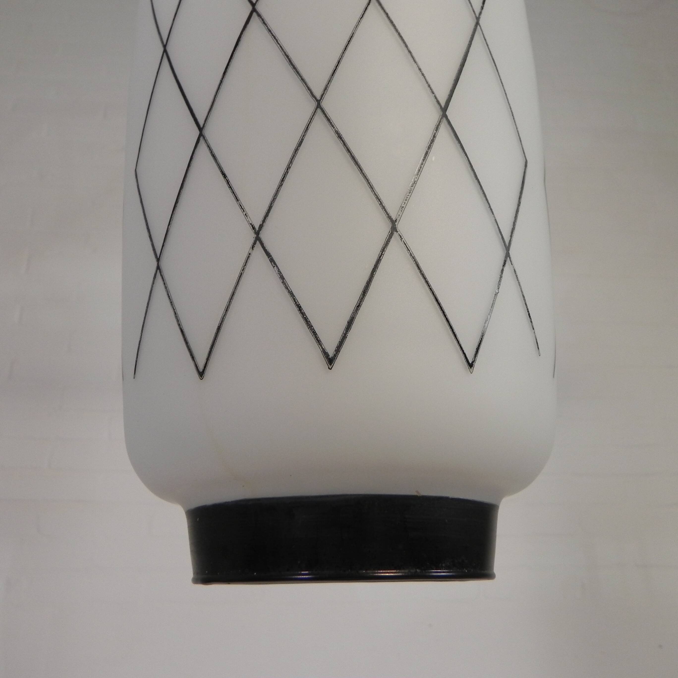 Vintage suspension with opaline lampshade and black decoration, 1950s.