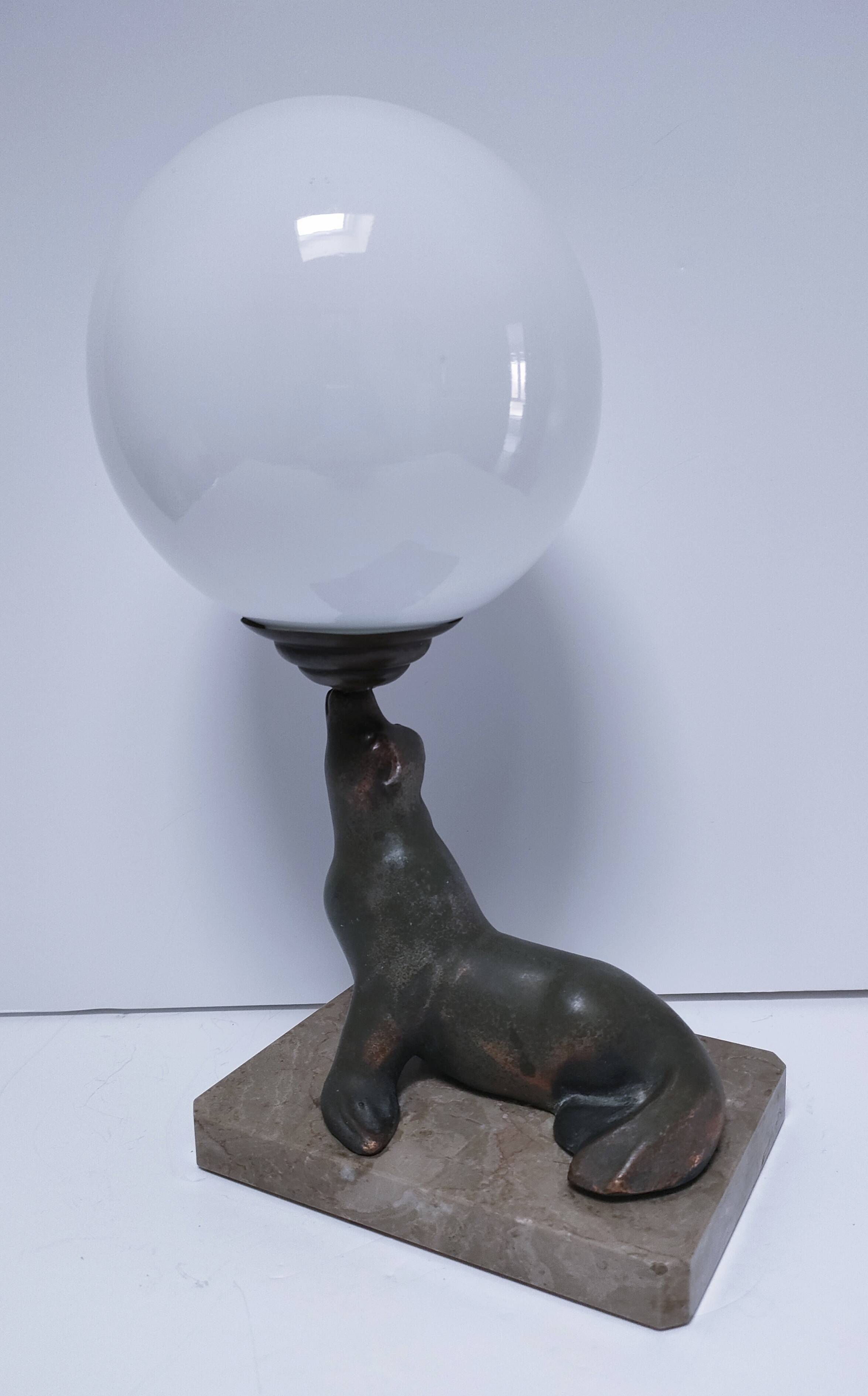 art deco seal lamp marble opaline metal