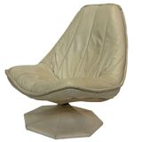 Fauteuil pivotant vintage en cuir crème avec pied octogonal Design 1970