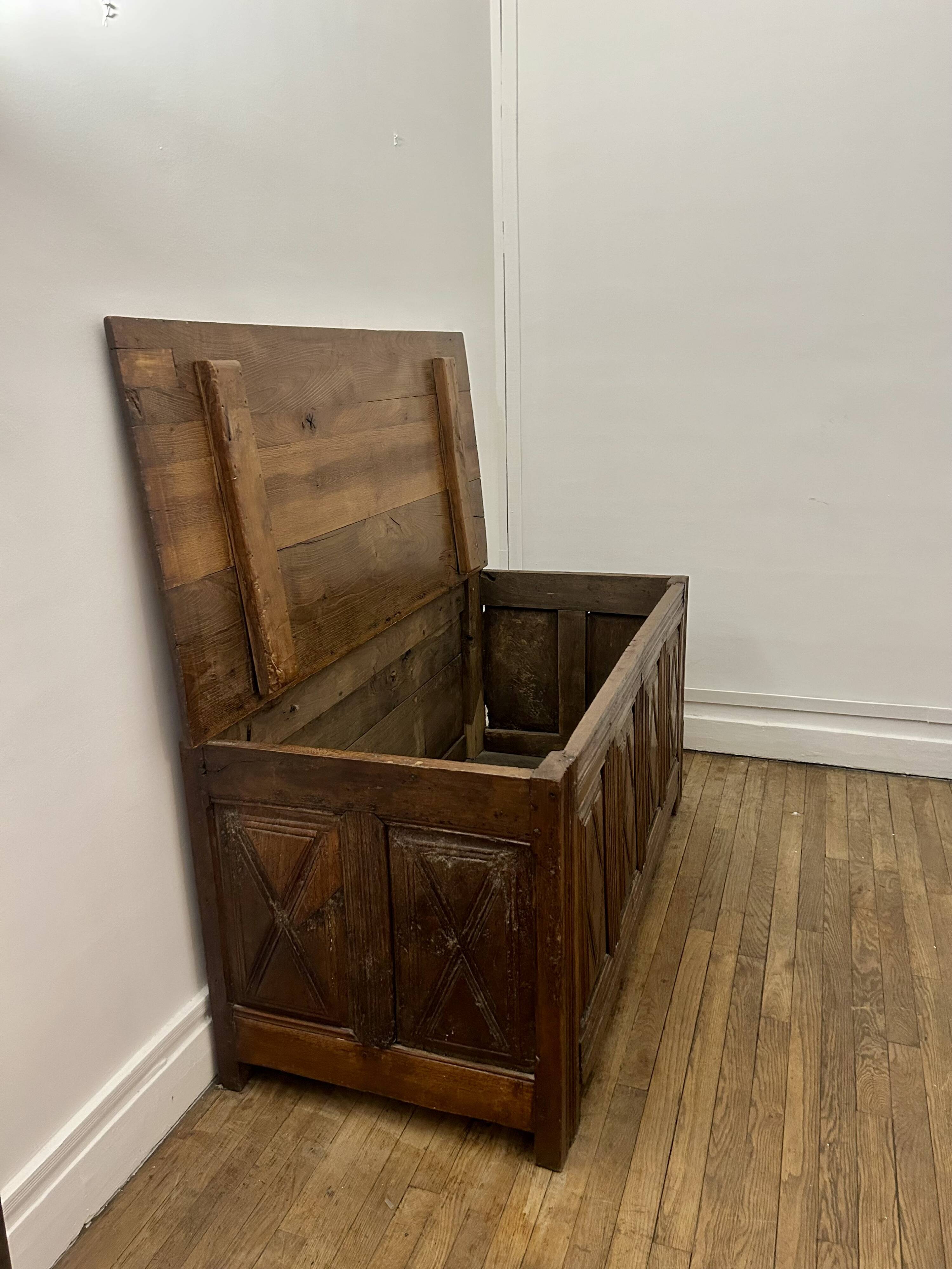 Large antique chest in weathered solid wood