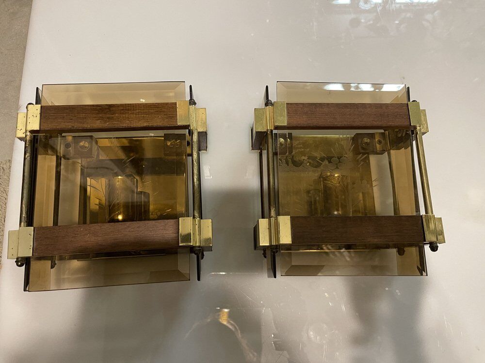 Smokey Glass Wooden Brass Sconces, Set of 2