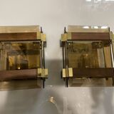 Smokey Glass Wooden Brass Sconces, Set of 2