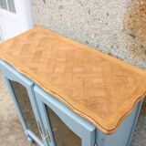 Buffet vitré ancien en bois massif bleu, rénové