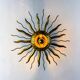 Brutalist sunburst ceiling light – gilt iron rays & exposed bulb, France, 1960s