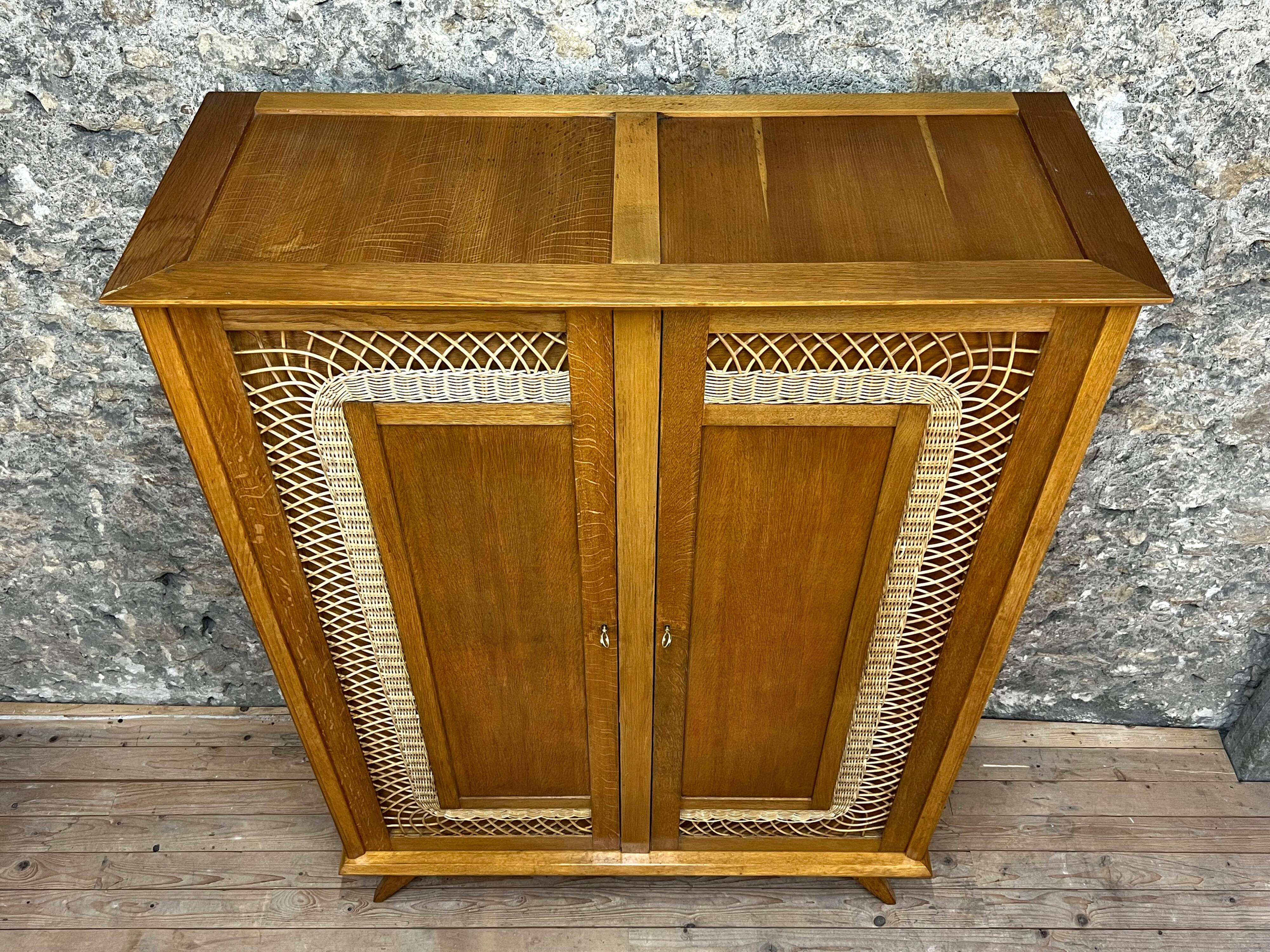 2 Door Wardrobe - Oak and Rattan - Compass Feet - Vintage 50/60's