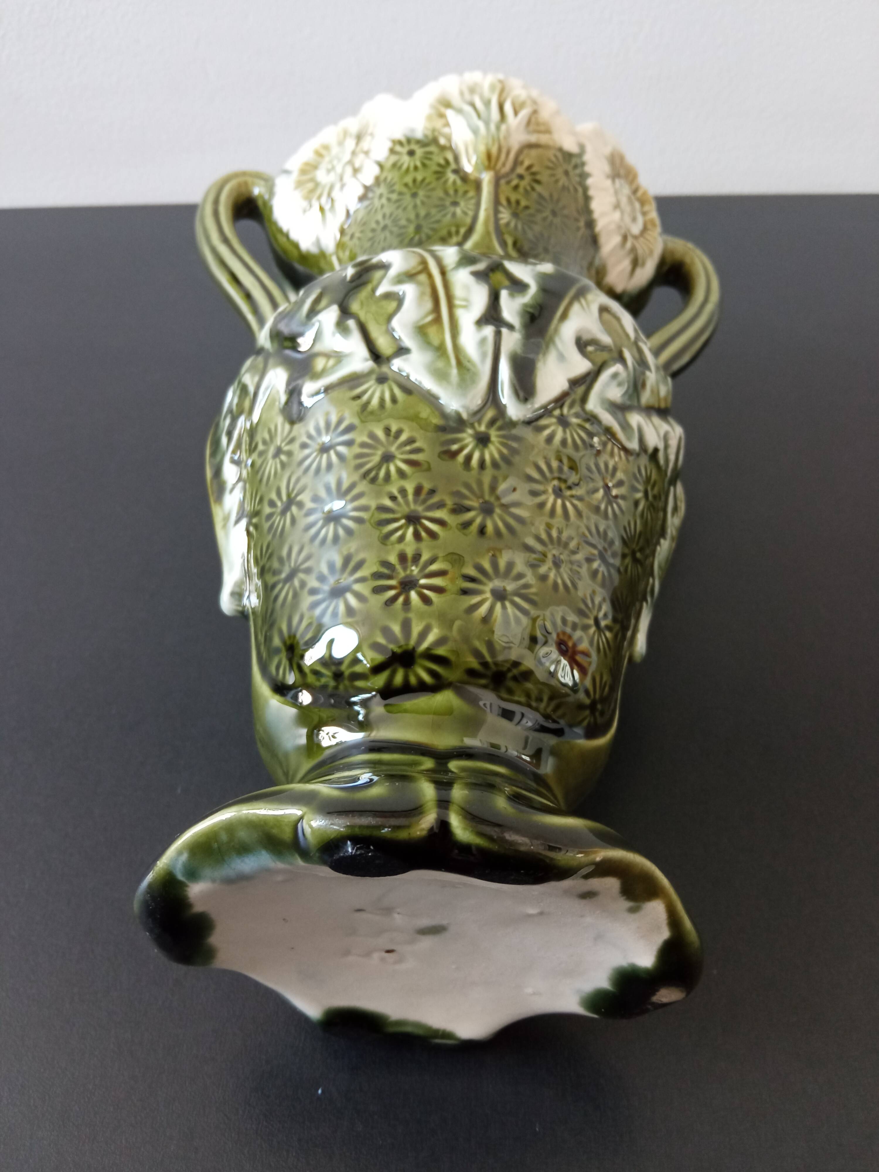 barbotine vase with art nouveau thistle flowers, very rare