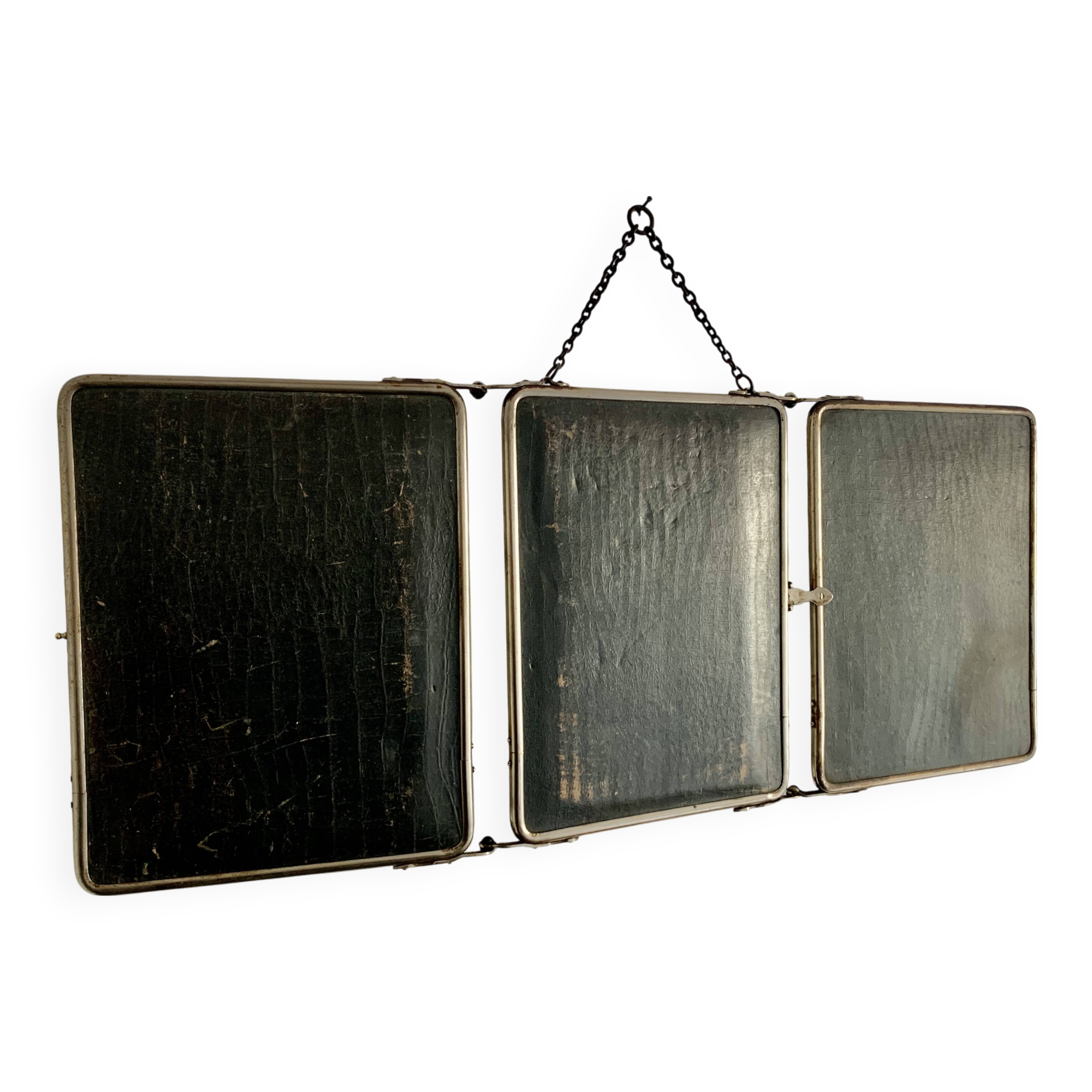 Vintage 1930s barber's triptych mirror, black beveled crystal - 28 x 70 cm
