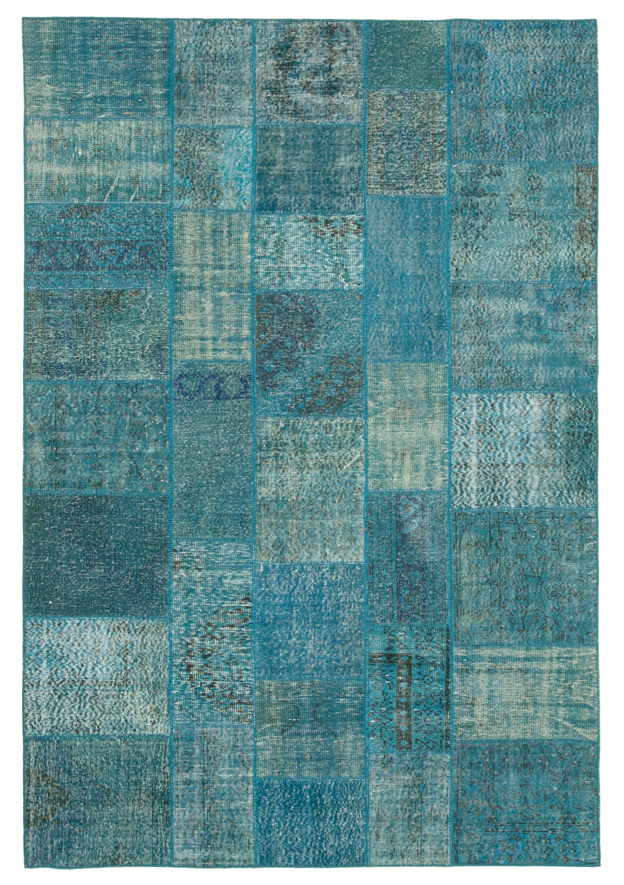 Handwoven anatolian contemporary 200 cm x 297 cm blue patchwork carpet