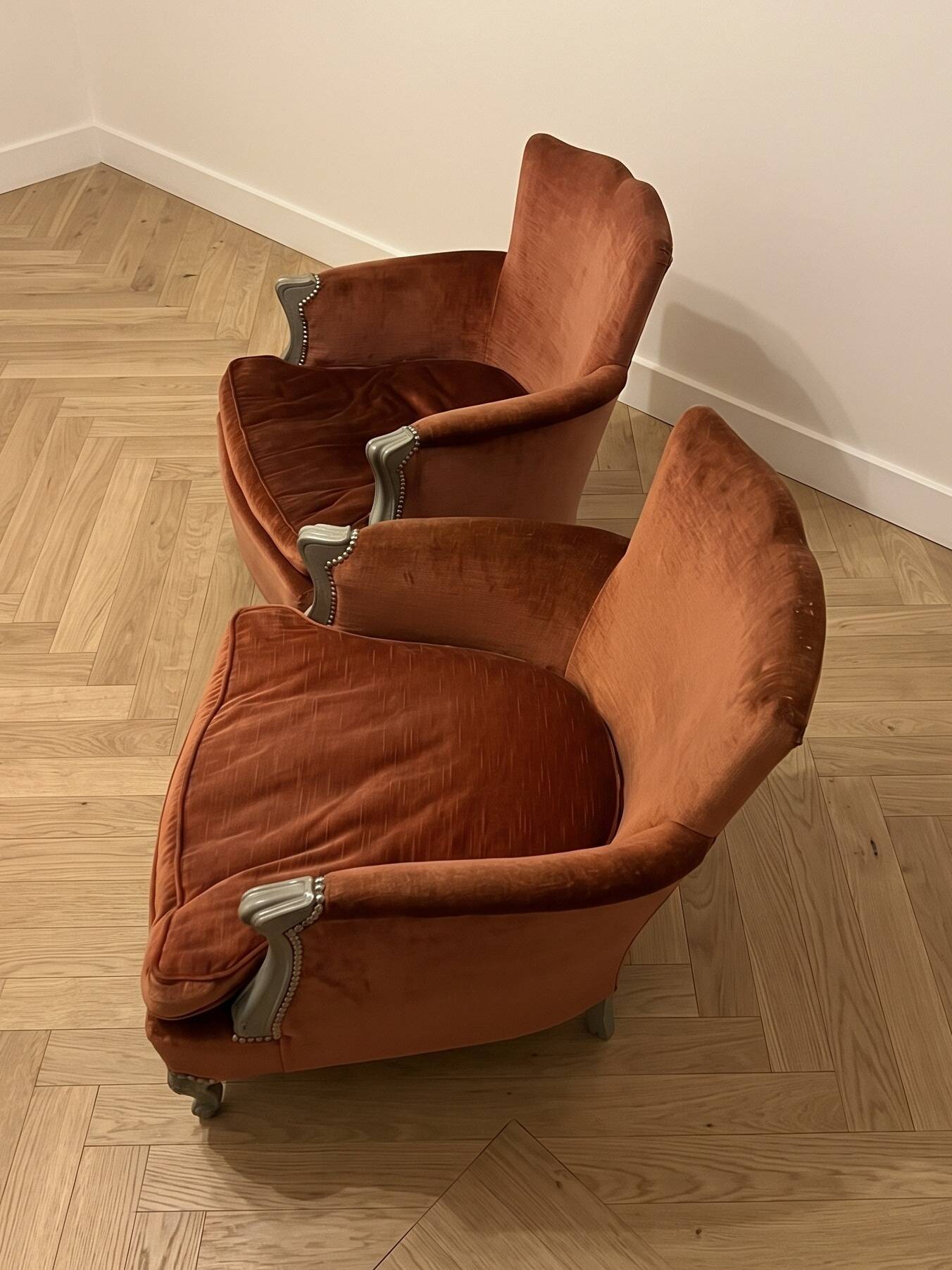 Pair of vintage terracotta velvet armchairs