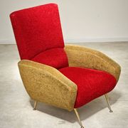 Fauteuil tissu rouge et jaune moutarde style bouclette 1970