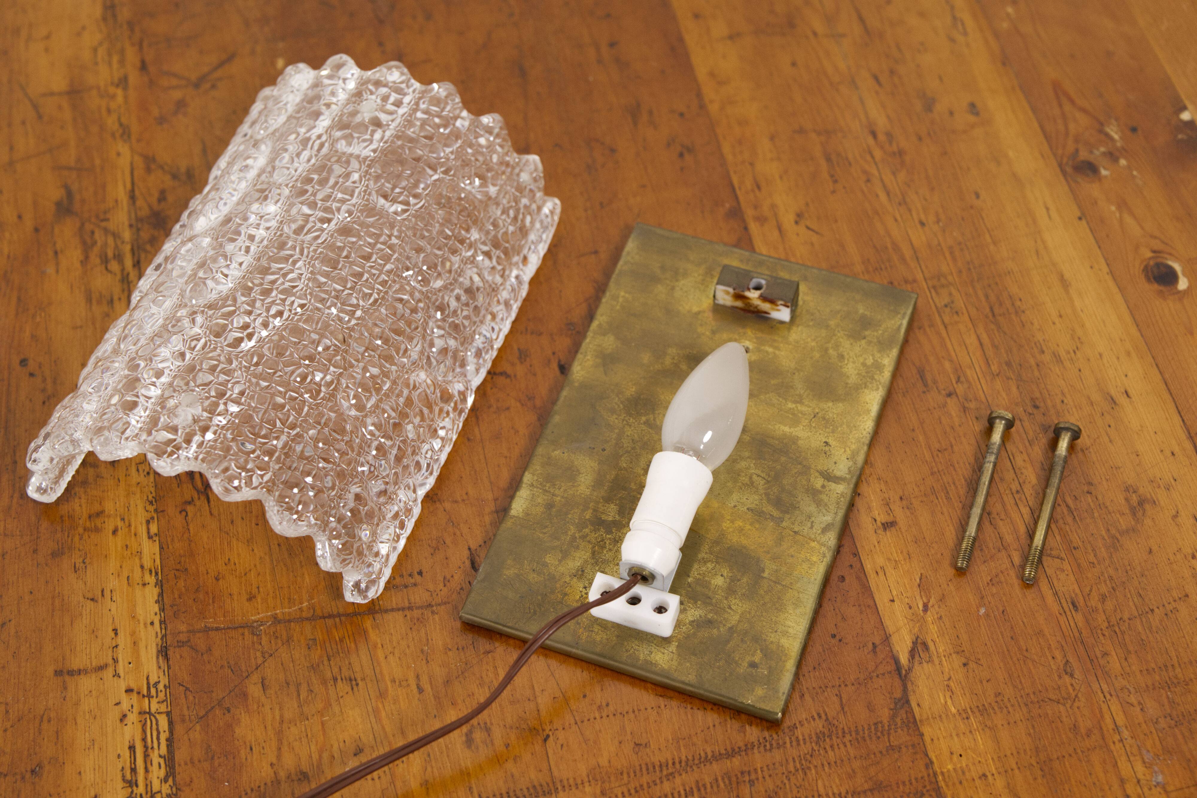 Large pressed glass and brass wall lamp, Denmark, 1960s