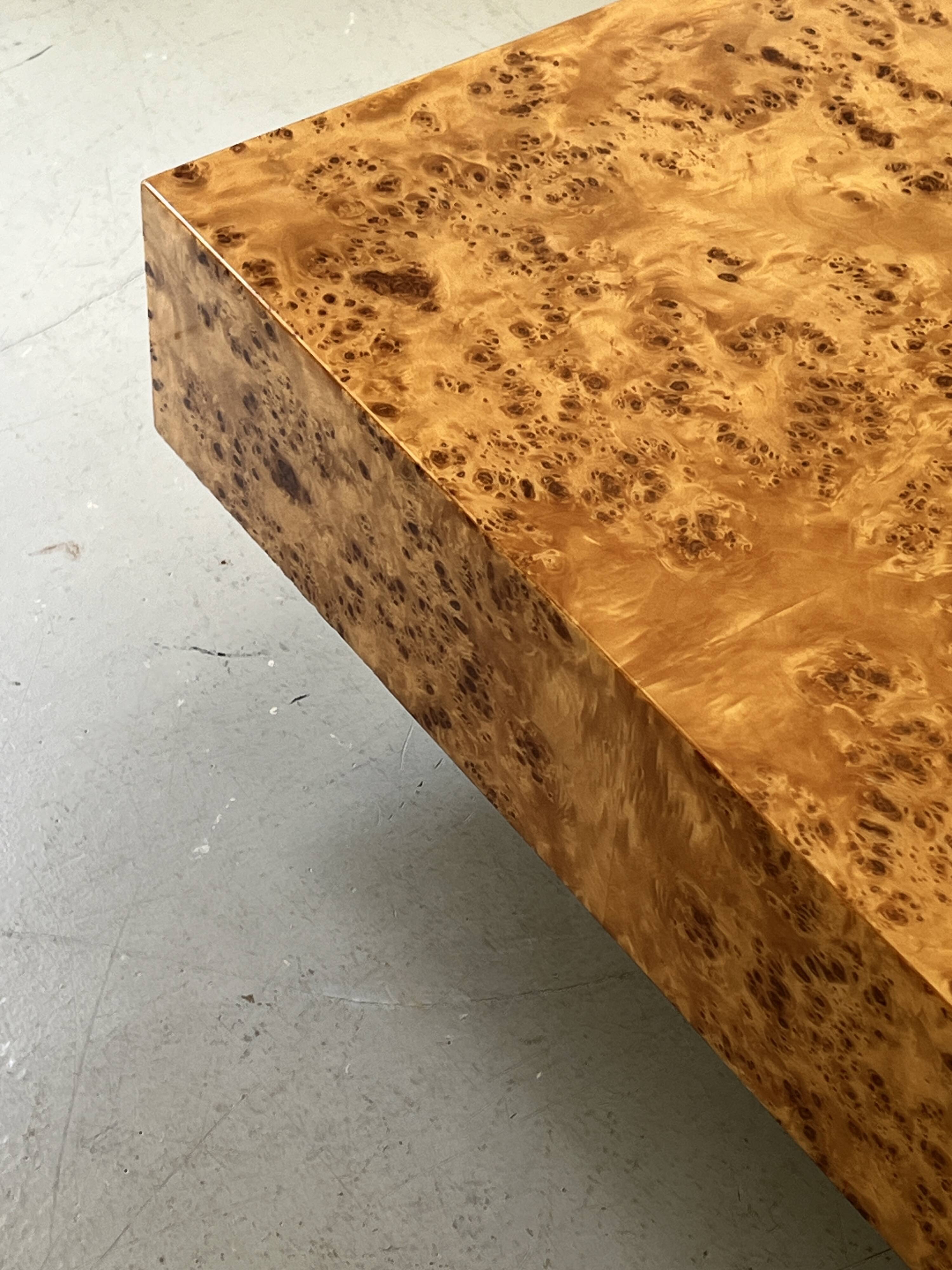 Square designer coffee table in elm burl and chrome, JC Mahey 1970