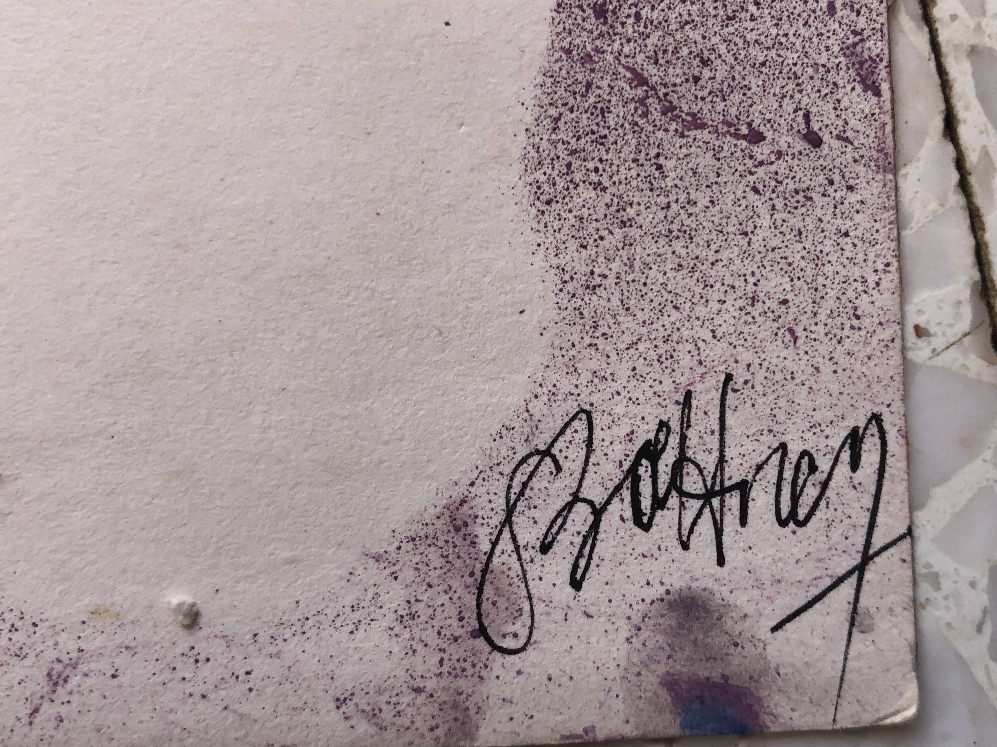 Purple acrylic paint with leaves stencil on paper, signed boettren or boettner? contemporary