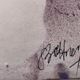 Purple acrylic paint with leaves stencil on paper, signed boettren or boettner? contemporary