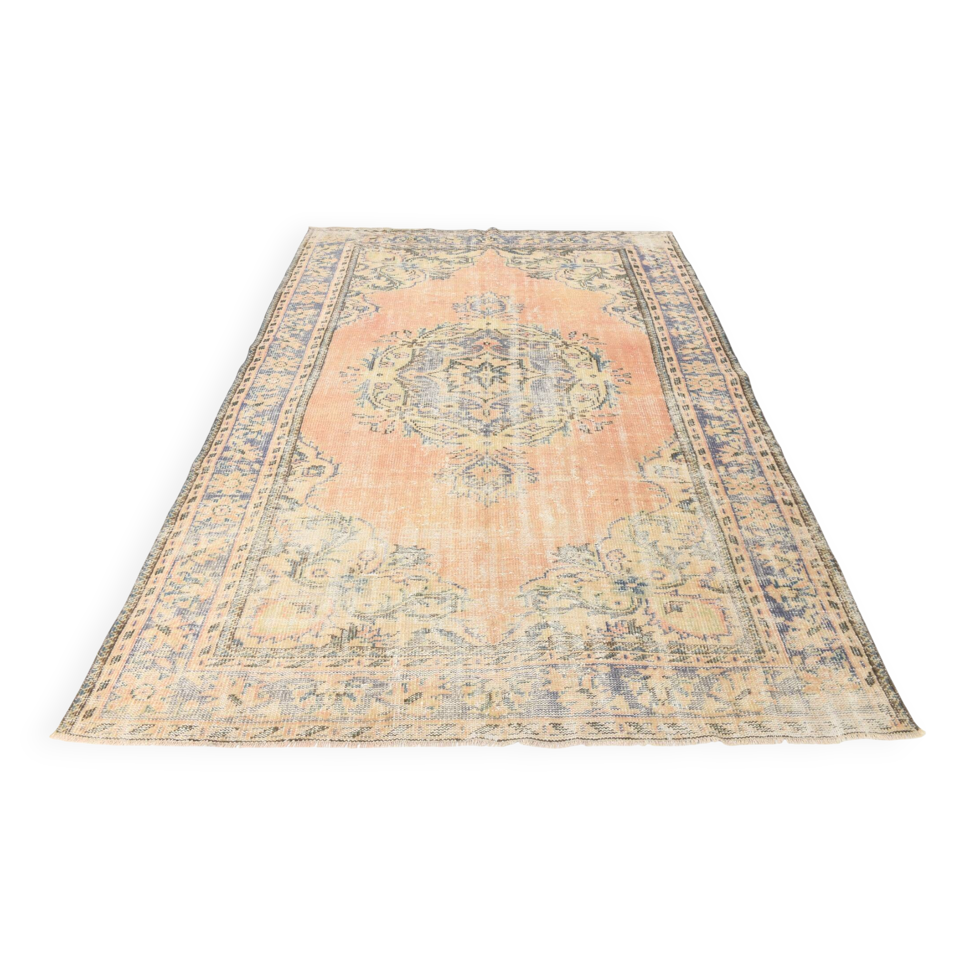 Tapis vintage en laine fait main, saumon doux et bleu marine, 183x264 cm
