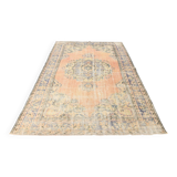 Tapis vintage en laine fait main, saumon doux et bleu marine, 183x264 cm