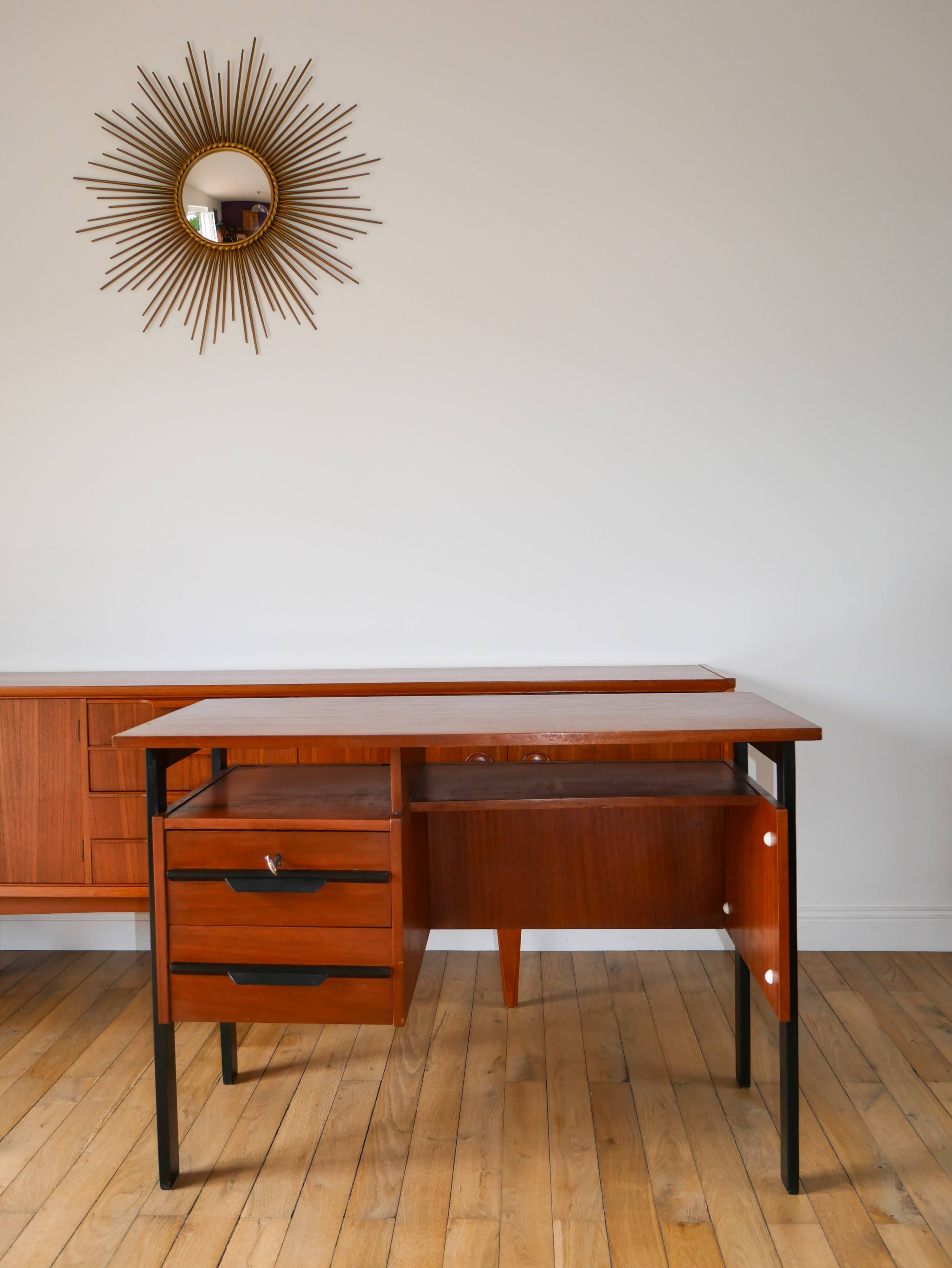 Scandinavian desk in black metal oak veneer, Modernist Design, 1960