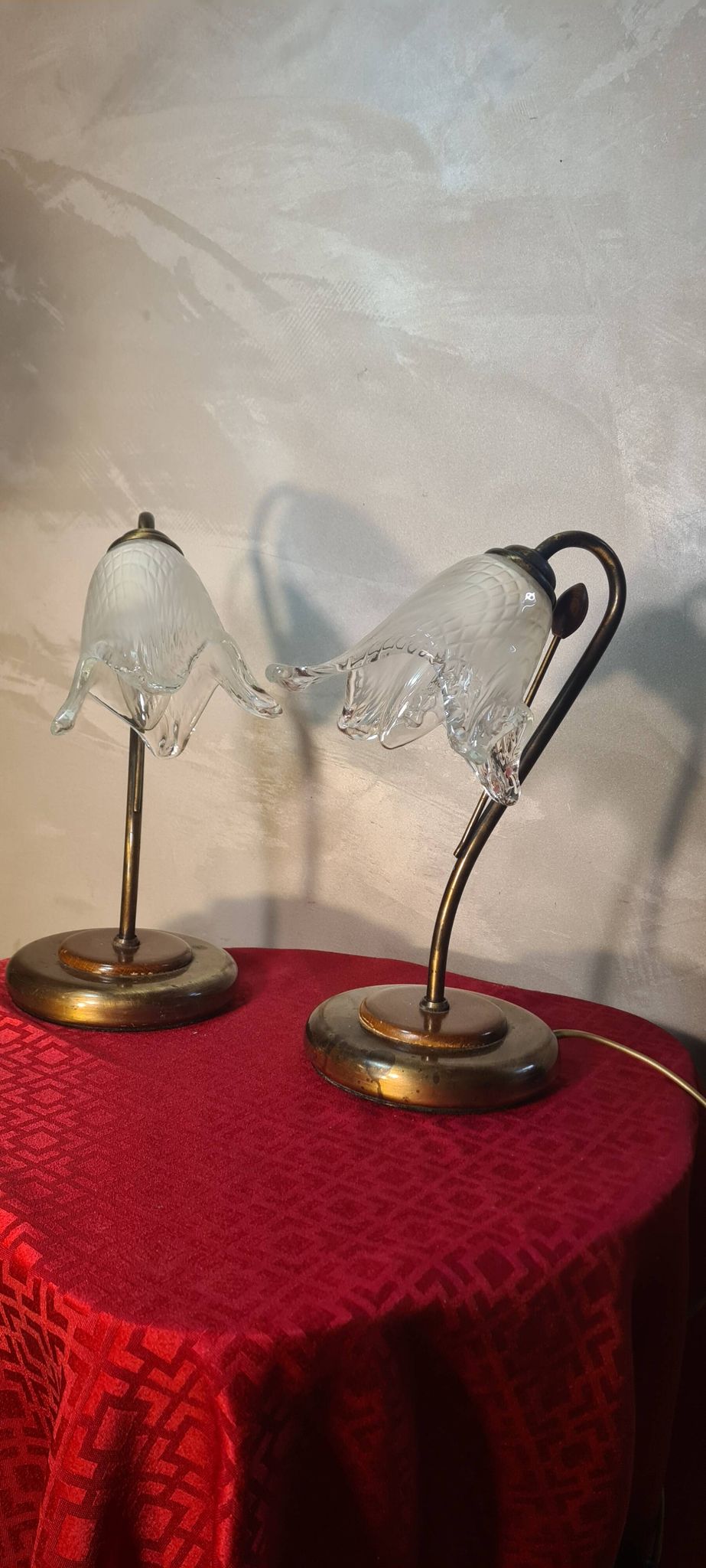 bedside lamp brass wood and glass 1970 to 80, traces of normal use, photo