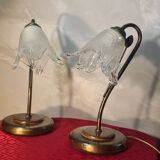 bedside lamp brass wood and glass 1970 to 80, traces of normal use, photo