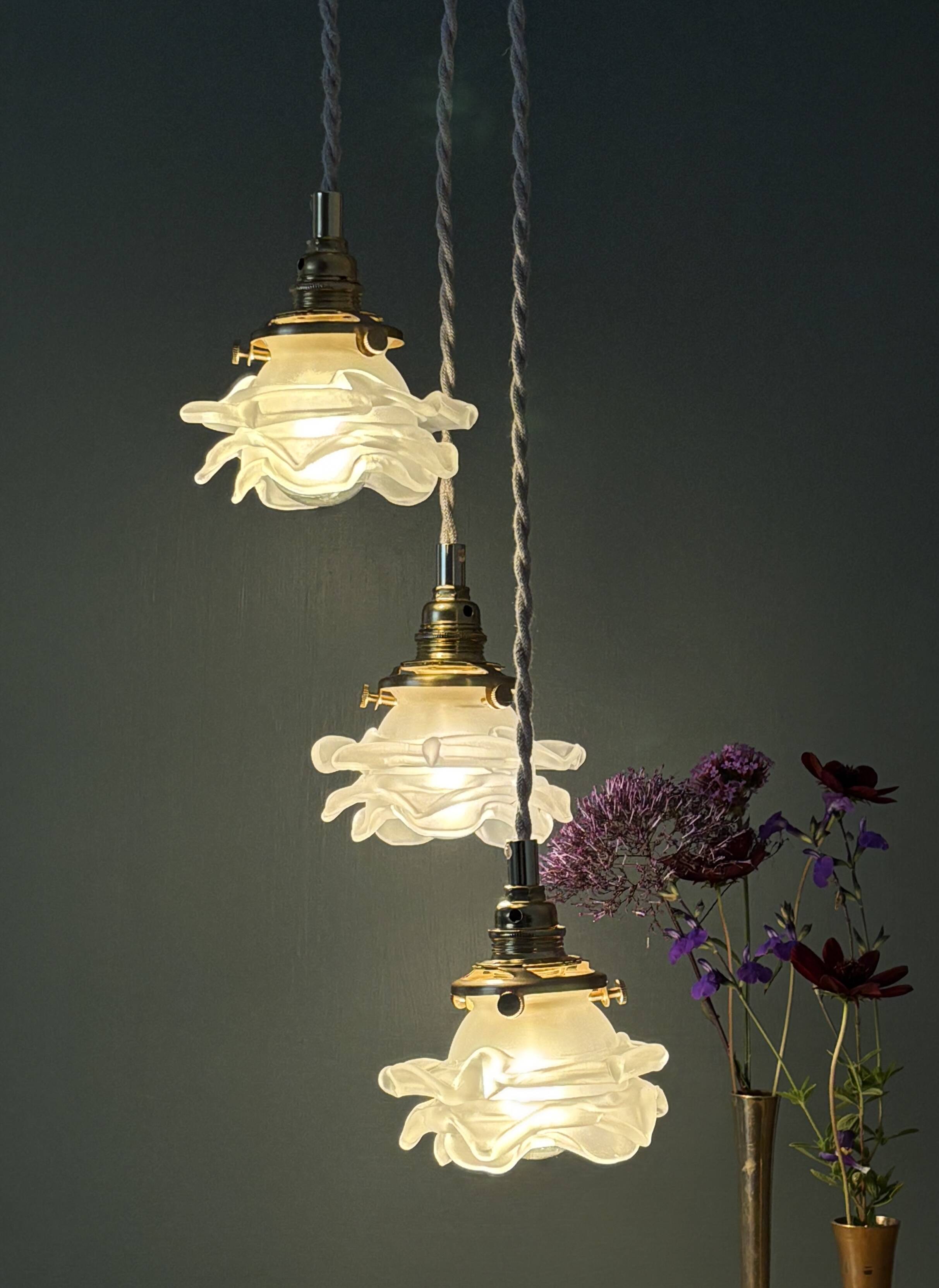 Vintage triple tulip pendant light in frosted glass in the shape of flowers