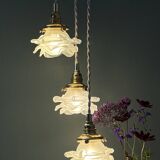 Vintage triple tulip pendant light in frosted glass in the shape of flowers