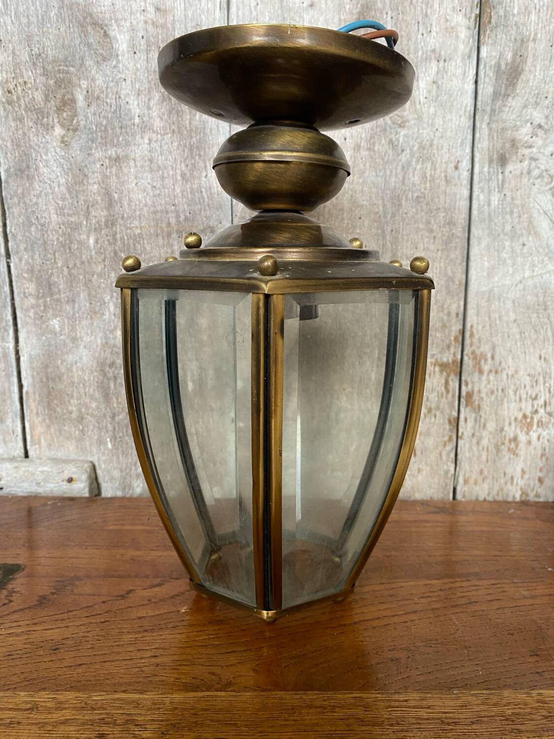 Antique brass lantern ceiling light + 6 faceted beveled glass vintage