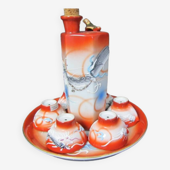 Service à liqueur, saké japonais porcelaine kutani dragon orange