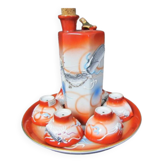 Liqueur service, japanese sake porcelain kutani, orange dragon