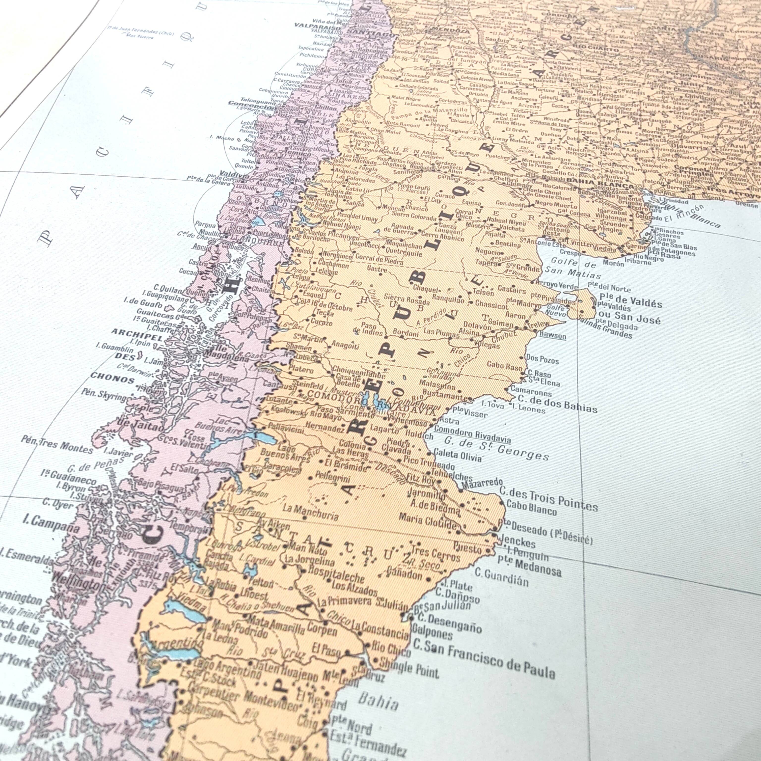 Old map of South America Argentina Chile Uruguay 43x43cm from 1950