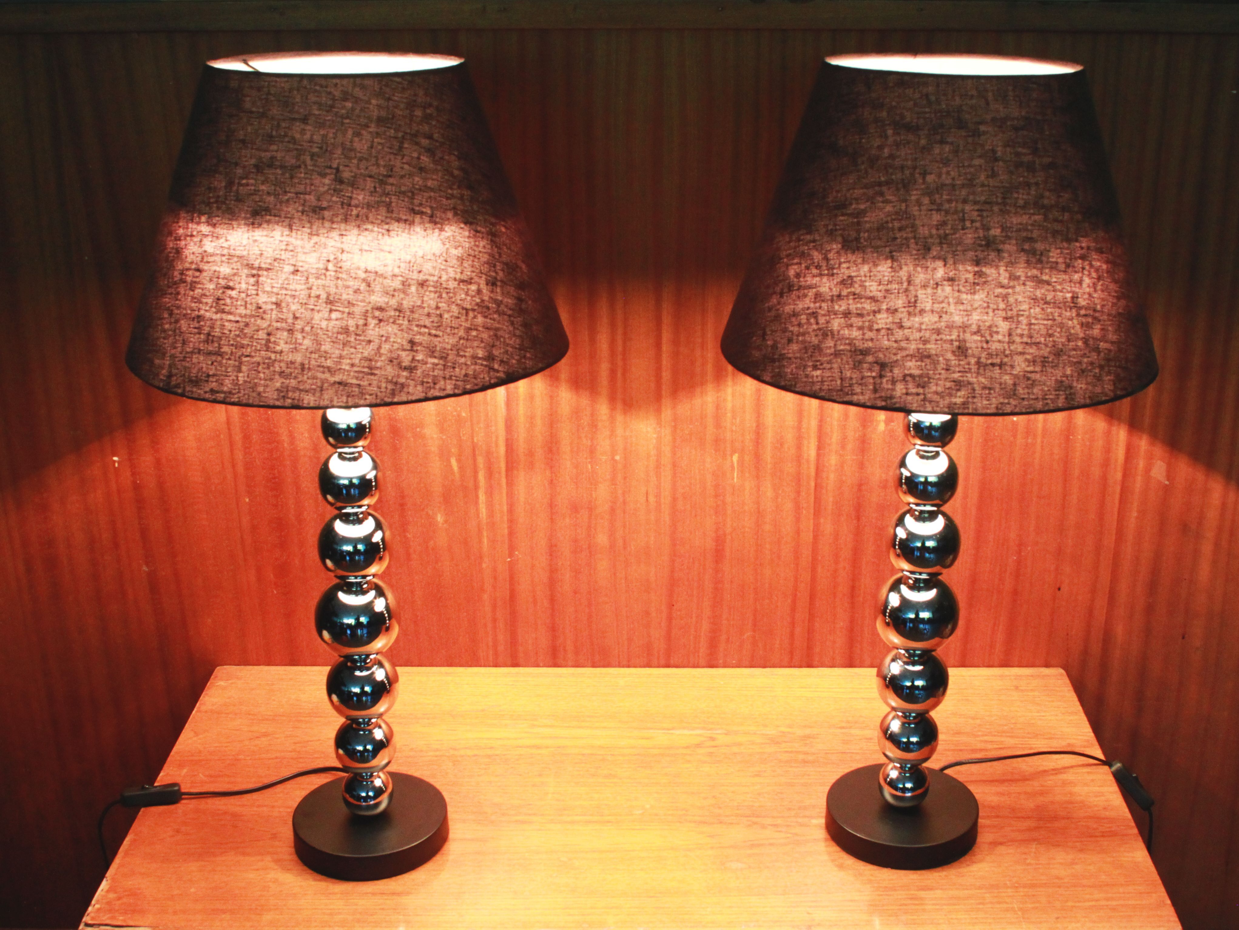 Pair of contemporary lamps with chrome base and 20th-century shade.