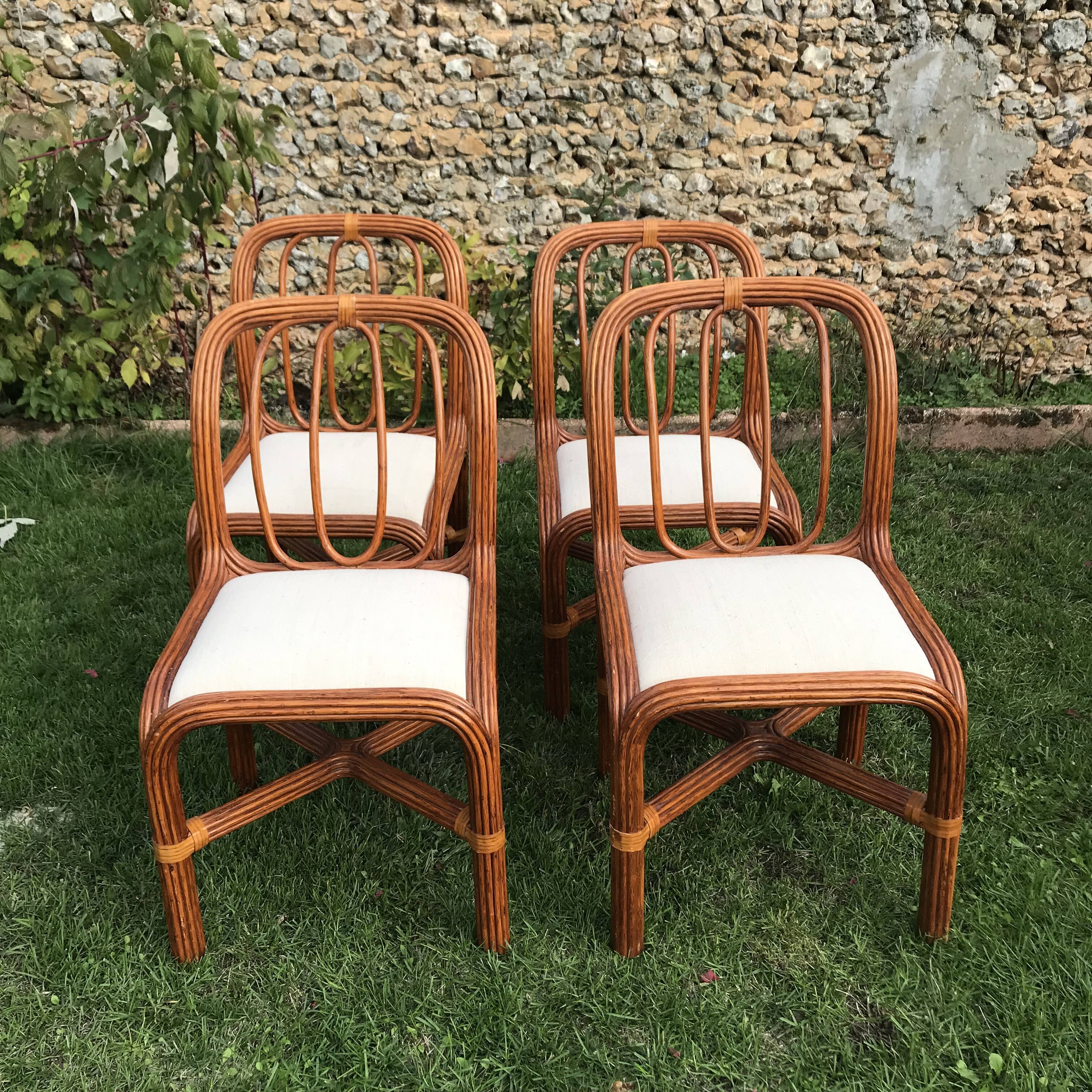 4 vintage rattan chairs seated linen and unbleached hemp