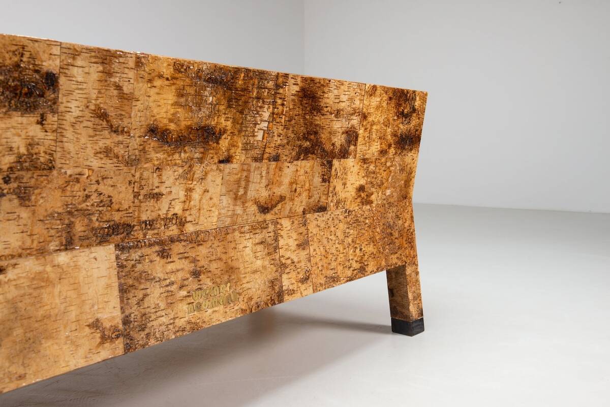 Werner Neumann sculptural birchwood sofa in birch bark and leather, The Netherlands
