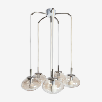 Ceiling lamp with 6 suspensions drop of water smoked glass 1960