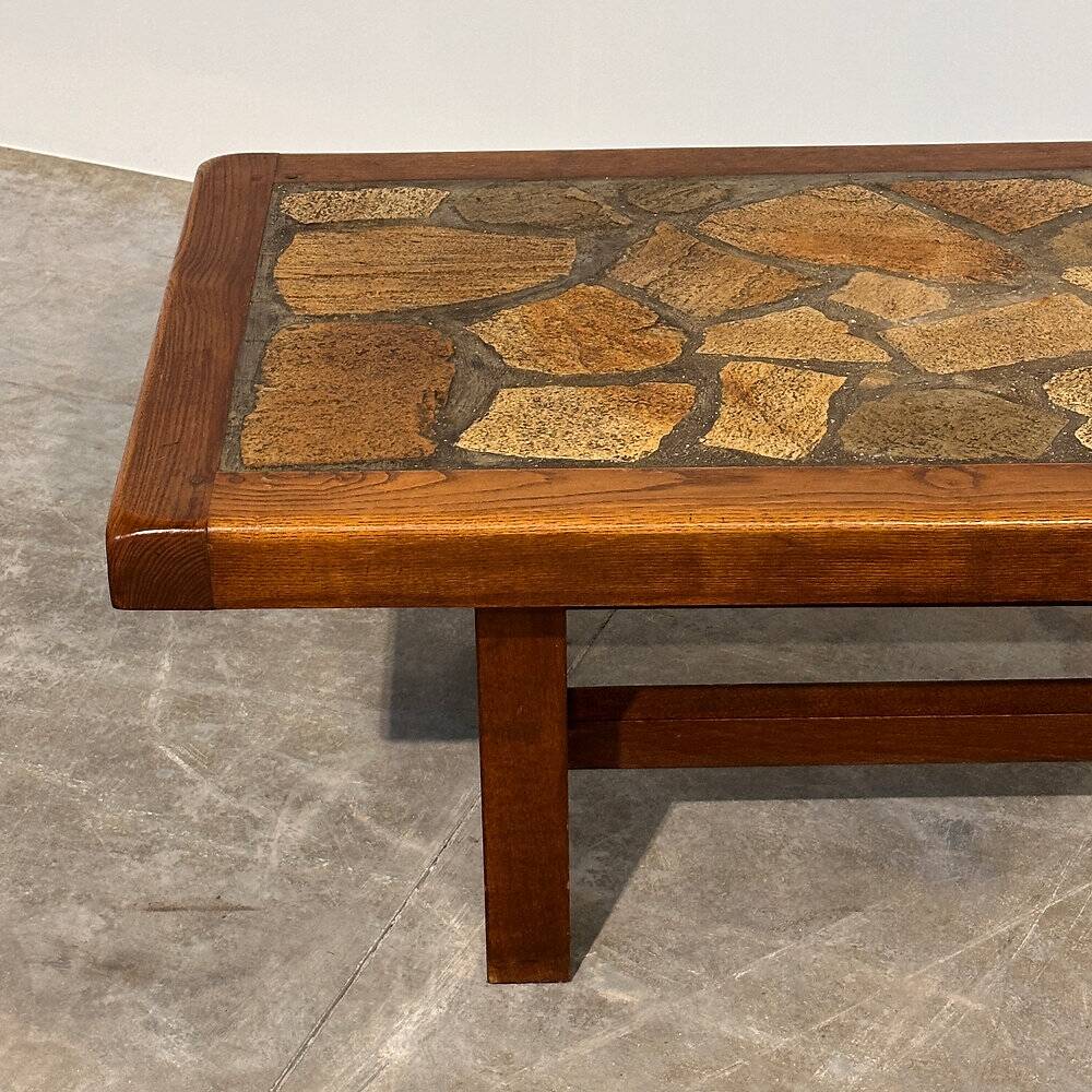 Vintage brutalist stone mosaic coffee table – solid wood, 1970s