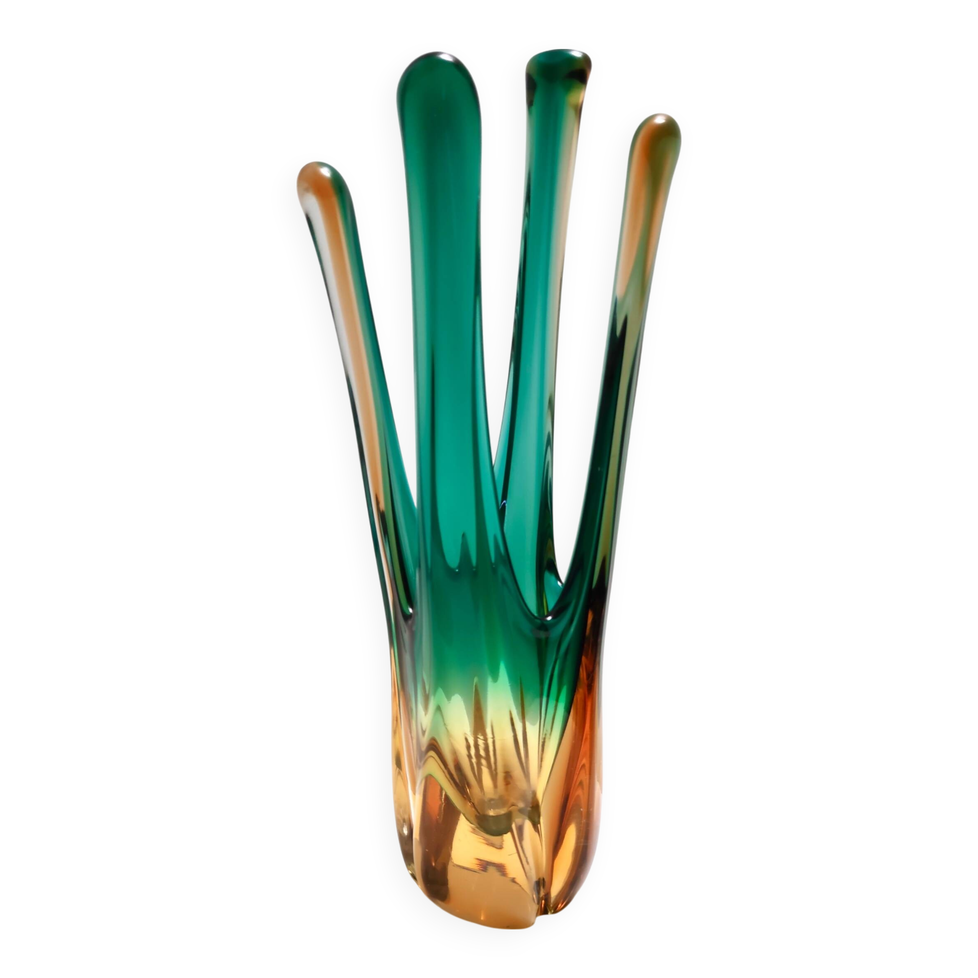 Green and Amber Murano Glass Centerpiece Vase, Italy
