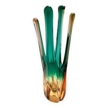 Green and Amber Murano Glass Centerpiece Vase, Italy