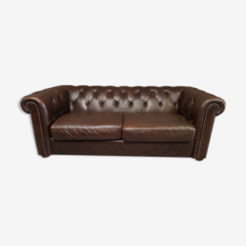 Three seater brown leather chesterfield sofa