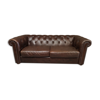 Three seater brown leather chesterfield sofa