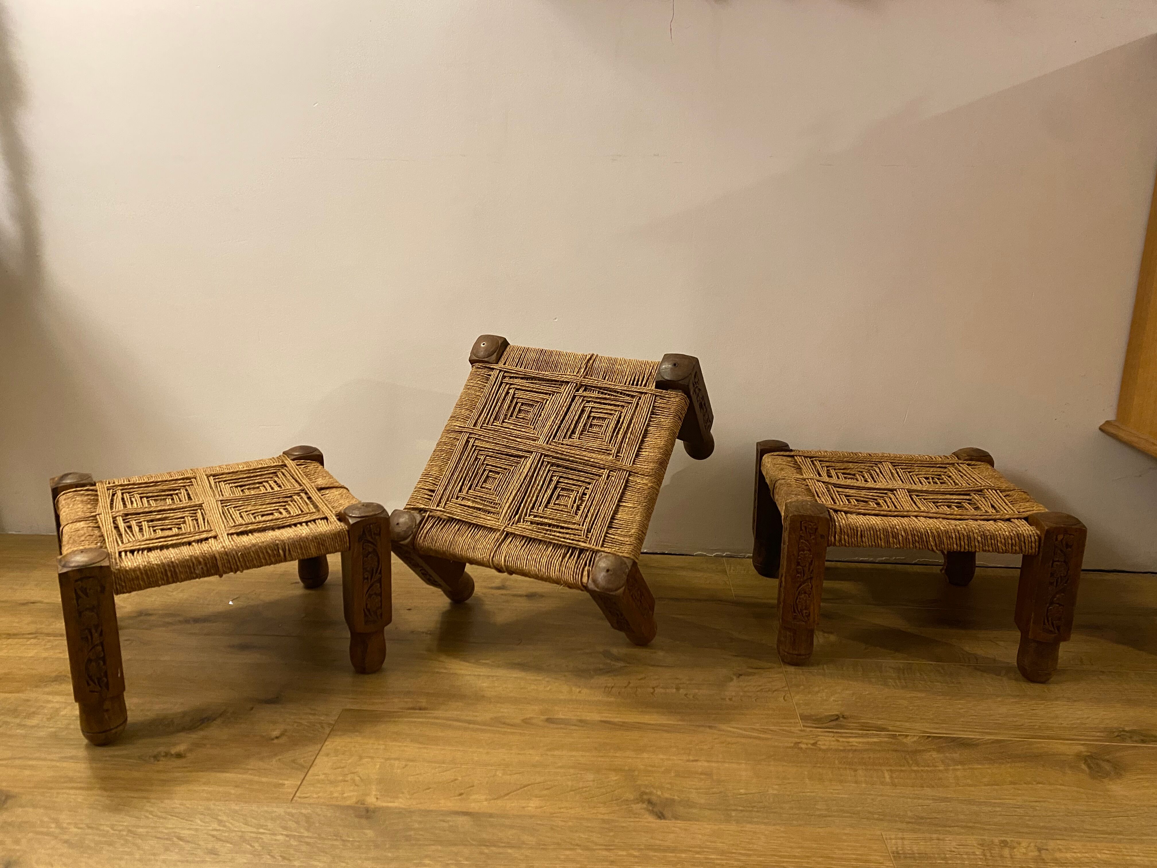 3 wooden and rope charpoy stools