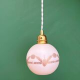 Vintage globe pendant light in white opaline with gold designs